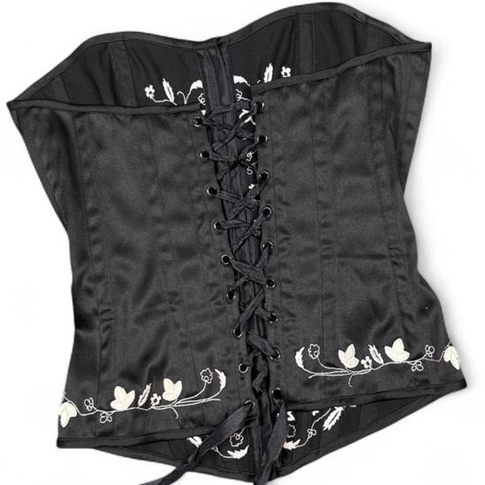 Y2K Charlotte Russe black corset with white floral embroidery,  size Medium - Picture 2 of 5